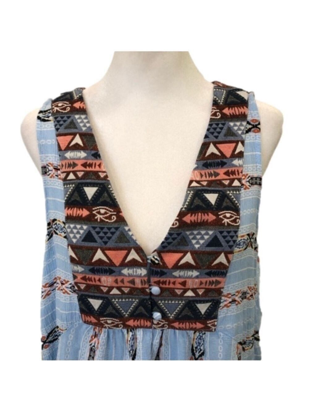 Umgee Size S sleeveless v-neck blue with Aztec print pullover dress pockets - Picture 4 of 10